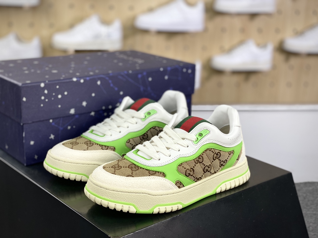 450 古驰Gucci Re-Web Leather Sneakers 系列低帮复古小白板鞋“GG布乌木棕白荧光绿红绿标牌”787476 AADHW 9571