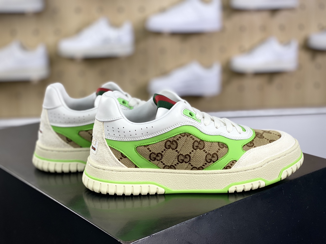 450 古驰Gucci Re-Web Leather Sneakers 系列低帮复古小白板鞋“GG布乌木棕白荧光绿红绿标牌”787476 AADHW 9571