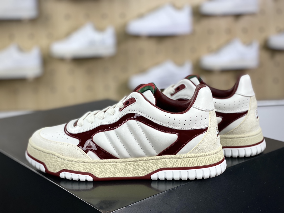 450 古驰Gucci Re-Web Leather Sneakers 系列低帮小白板鞋“皮革白酒红红绿标牌”786186 AADKA 9570