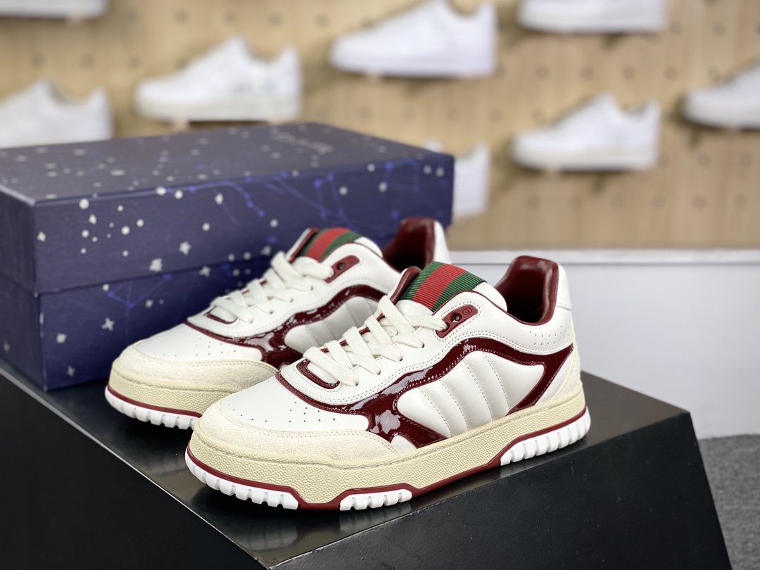 450 古驰Gucci Re-Web Leather Sneakers 系列低帮小白板鞋“皮革白酒红红绿标牌”786186 AADKA 9570