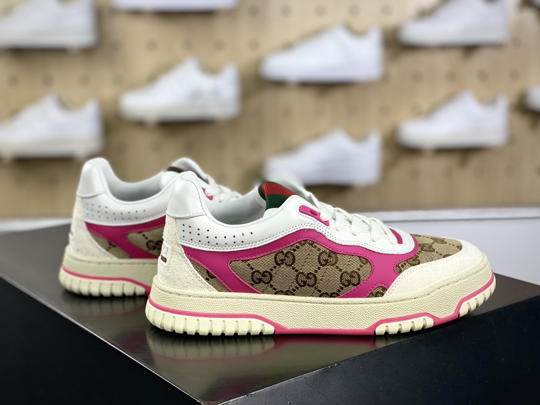 450 古驰Gucci Re-Web Leather Sneakers 系列低帮板鞋“GG布乌木棕白玫粉红绿标牌”785452 AADHW 9563