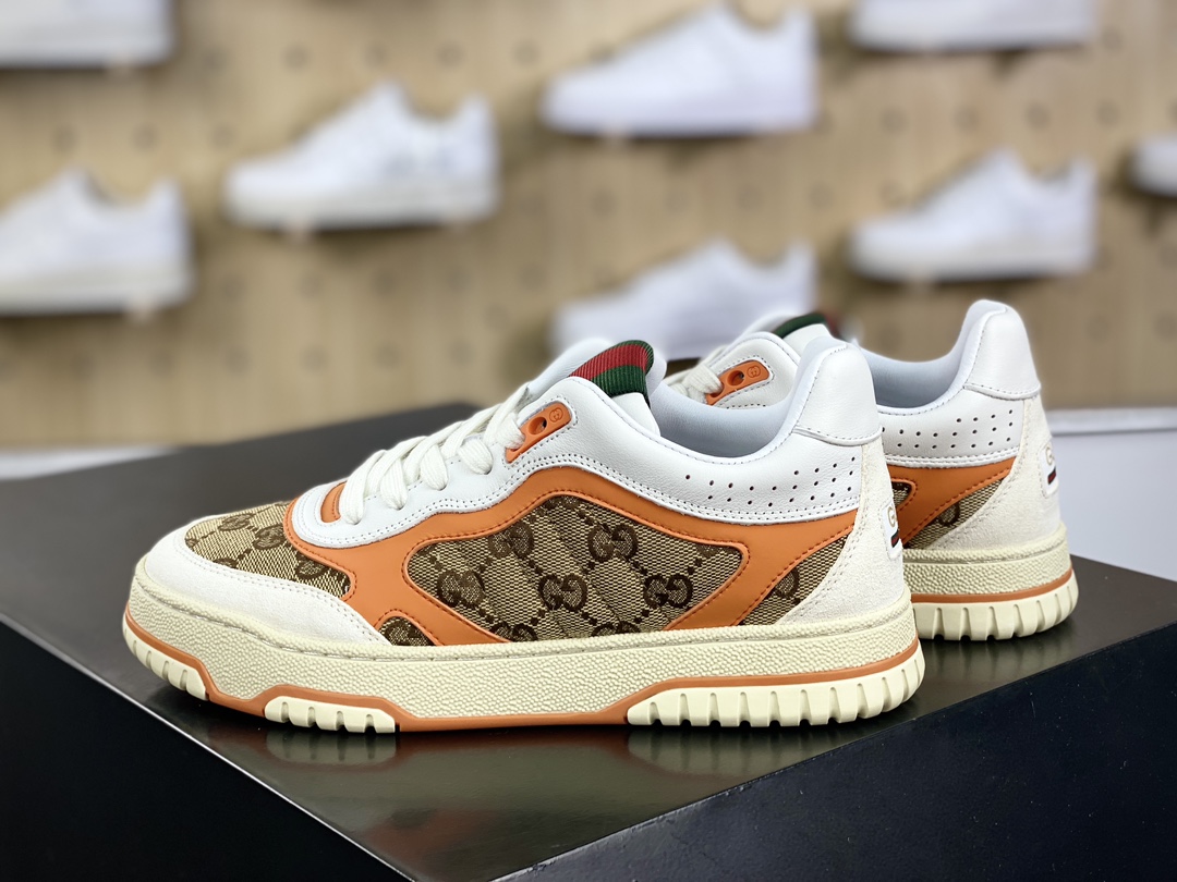 意大利奢侈品牌-古驰Gucci Re-Web Leather Sneakers 系列低帮板鞋“GG布乌木棕白橙红绿标牌”787476 AADHW 9561