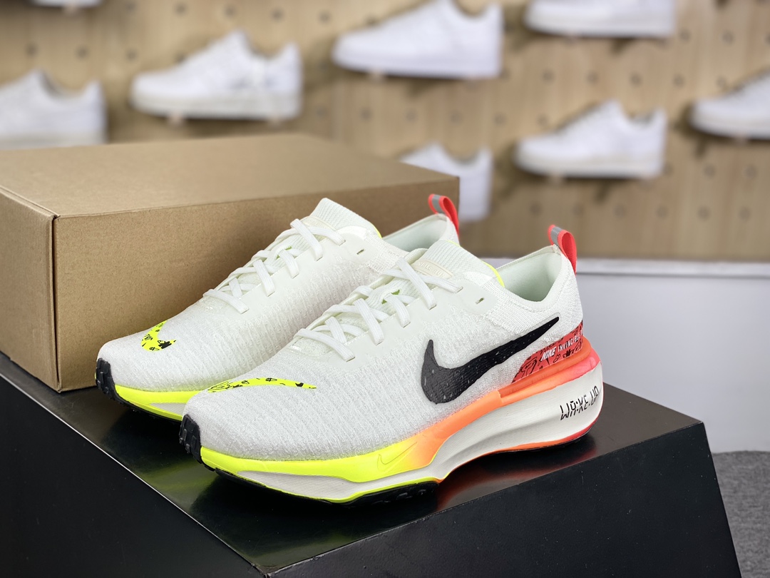 220 耐克Nike ZoomX Invincible Run Flyknit 3″White Bright Crimson”慢跑鞋“针织白黑橙荧光绿渐变”HF4915-100