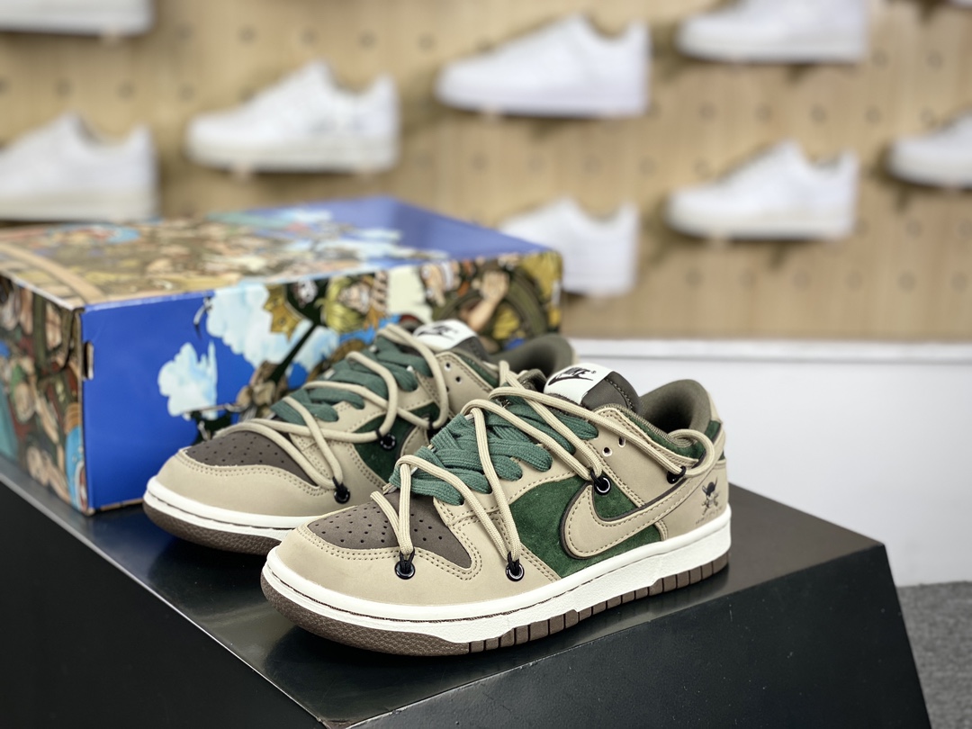 300 耐克Nike SB Dunk Low Lot”One Piece”扣篮板鞋“深卡其墨绿棕海贼王索罗绑绳”CT0856-103