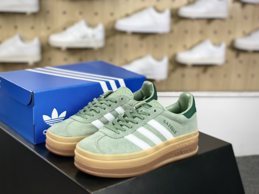 180 阿迪达斯Adidas Originals Gazelle Bold W 羚羊松糕板鞋“翻毛枯草绿白生胶底”ID6998