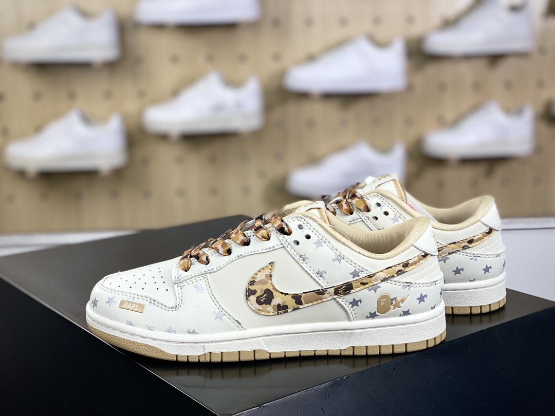 280 Nike SB Dunk Low"Bape"扣篮系列低帮休闲运动滑板板鞋“皮革米白猿人头深棕星星”DQ1098-352