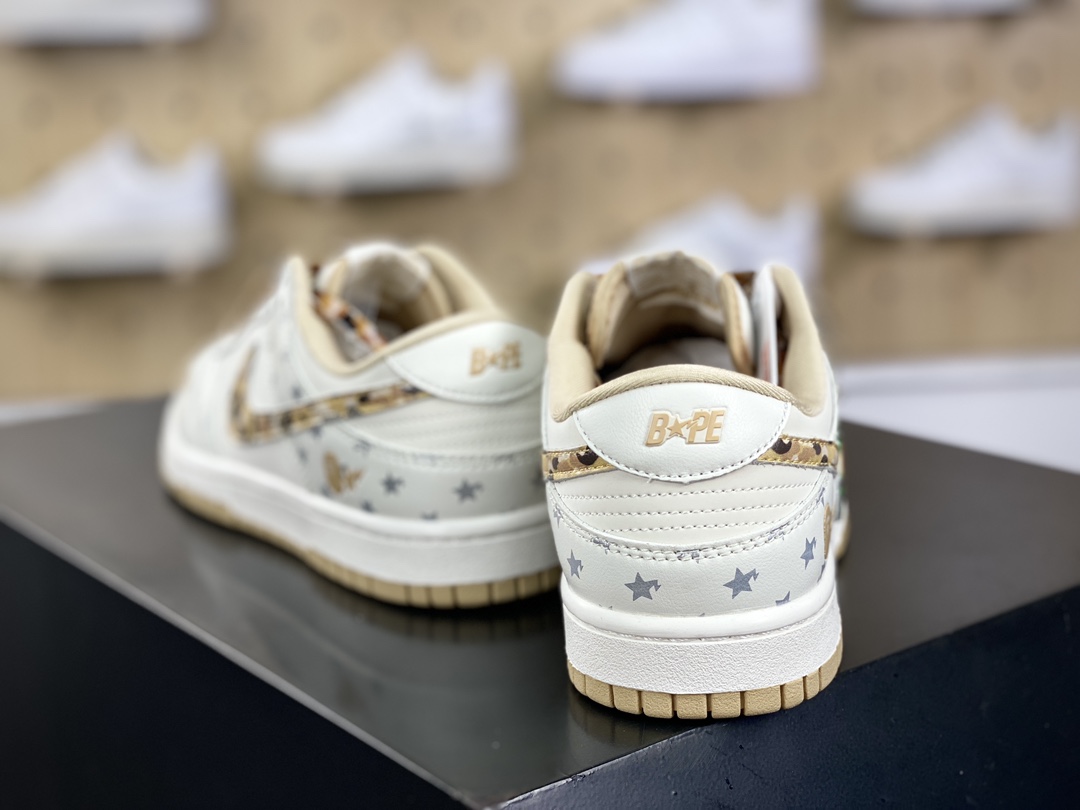 280 Nike SB Dunk Low"Bape"扣篮系列低帮休闲运动滑板板鞋“皮革米白猿人头深棕星星”DQ1098-352