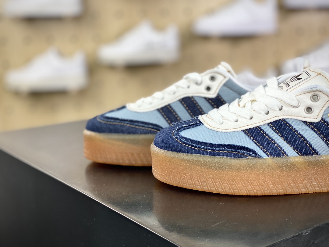 220 Atmos x Adidas Originals Sambae”Stacked Denim”桑巴舞板鞋“拉链牛仔浅蓝深蓝生胶底”II0001