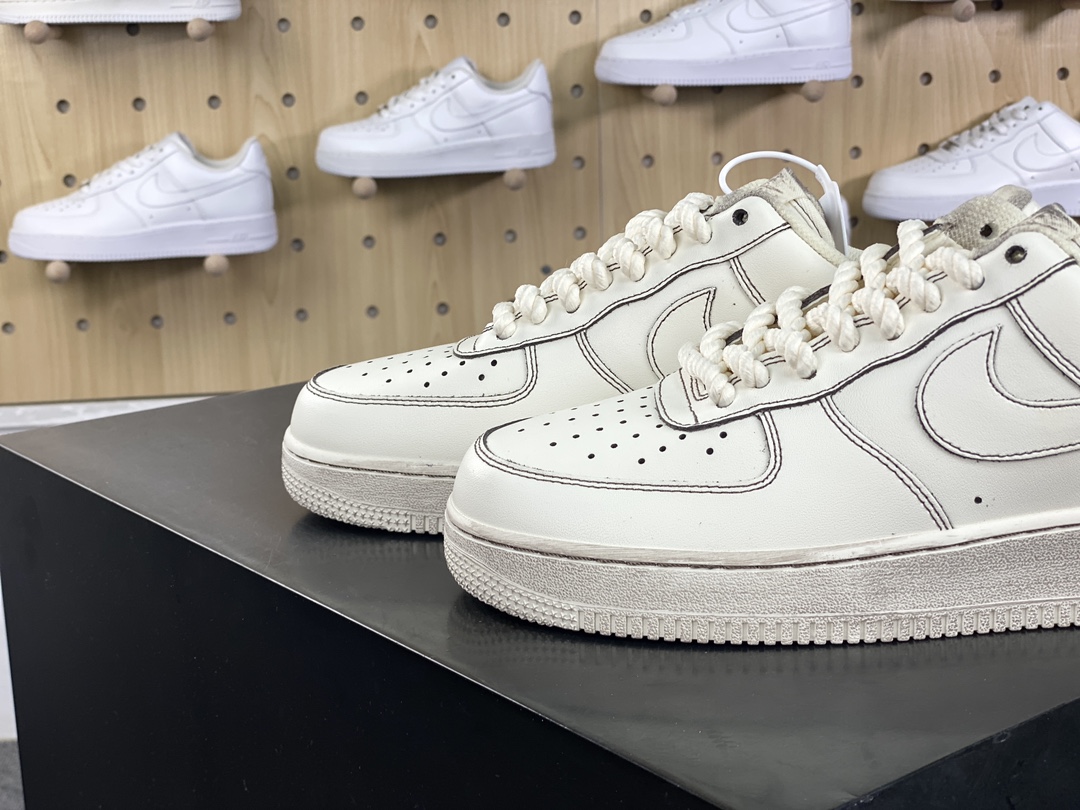 240 耐克Nike By You Air Force 1'07 Low Retro SP空军一号板鞋“米白黑做旧麻绳粗鞋带”315122-333