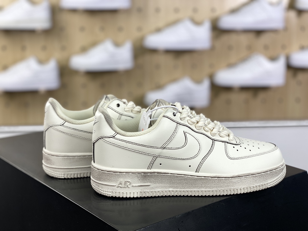 240 耐克Nike By You Air Force 1'07 Low Retro SP空军一号板鞋“米白黑做旧麻绳粗鞋带”315122-333