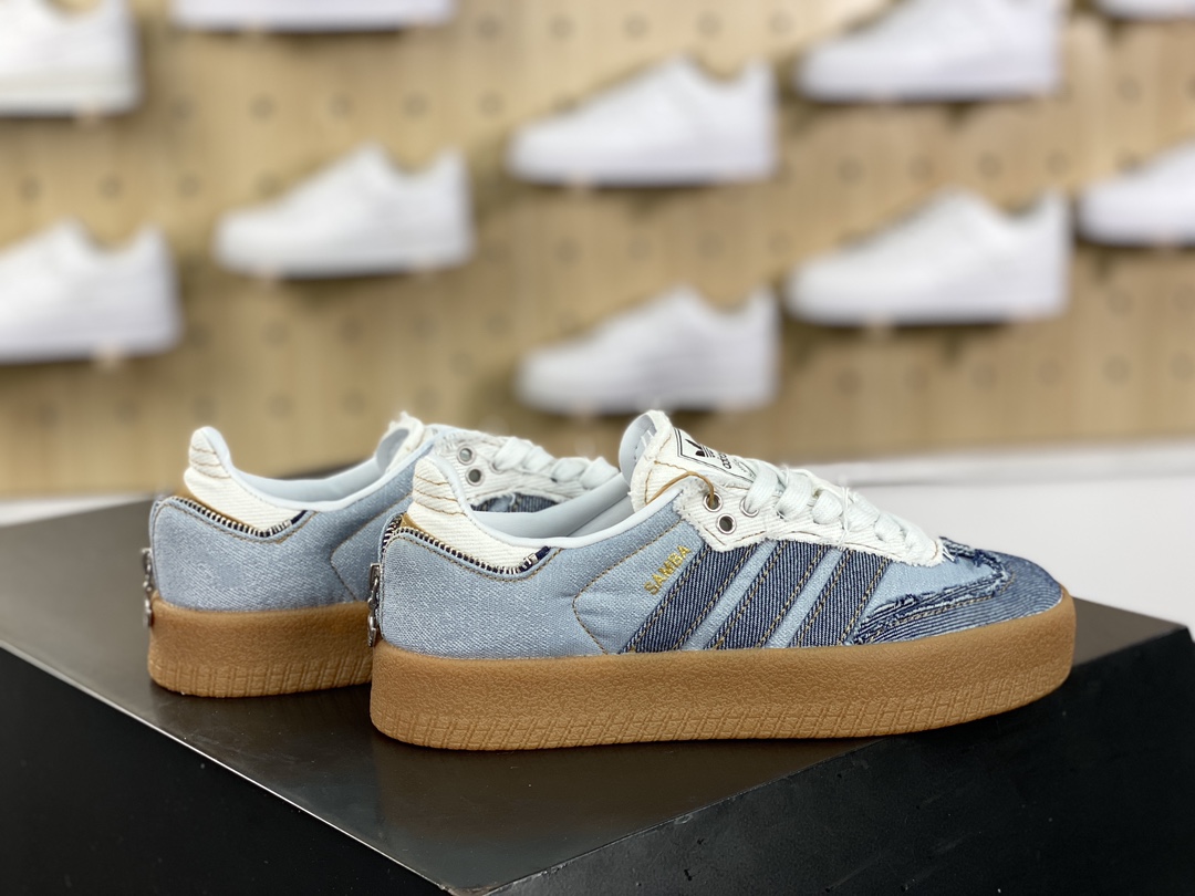 160 Atmos x Adidas Originals Sambae"Stacked Denim"桑巴舞板鞋“拉链牛仔浅蓝深蓝生胶底”II0001