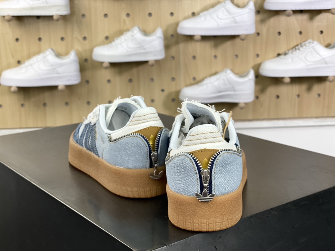 160 Atmos x Adidas Originals Sambae"Stacked Denim"桑巴舞板鞋“拉链牛仔浅蓝深蓝生胶底”II0001