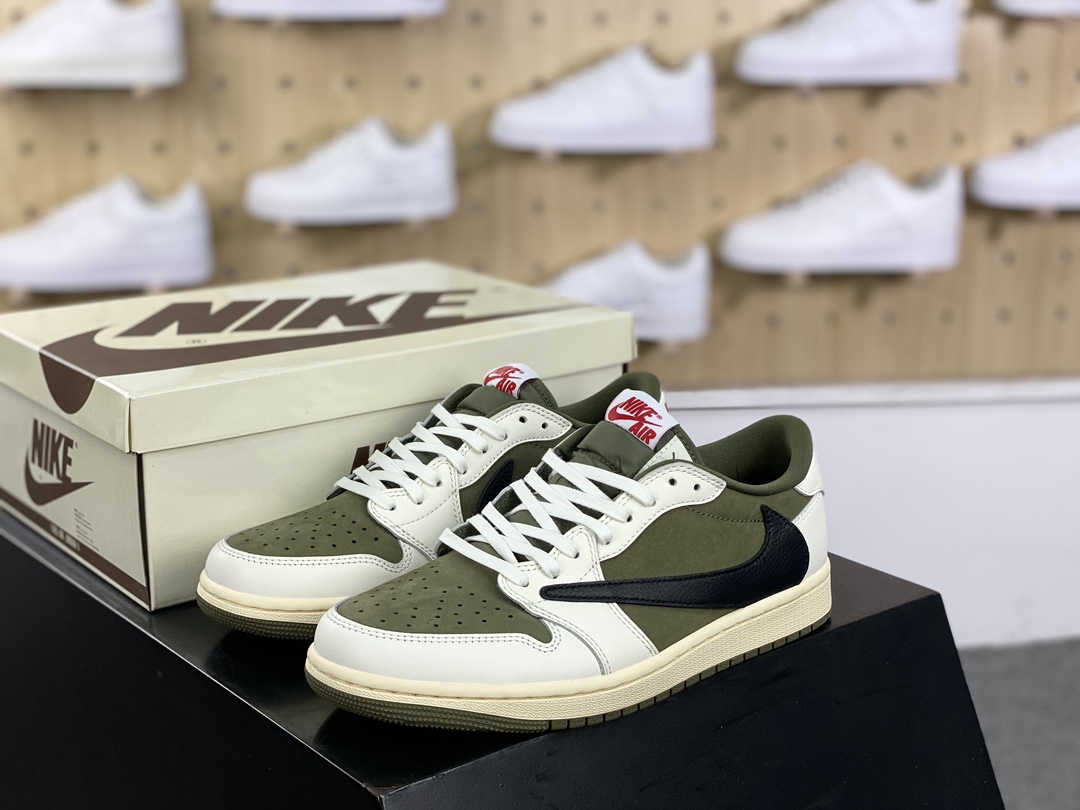 400 Travis Scott x Nike Air Jordan 1 Low OG”Medium Olive”AJ1乔丹一代篮球鞋“TS联名反转橄榄绿白黑倒钩10.0”DM7866-200