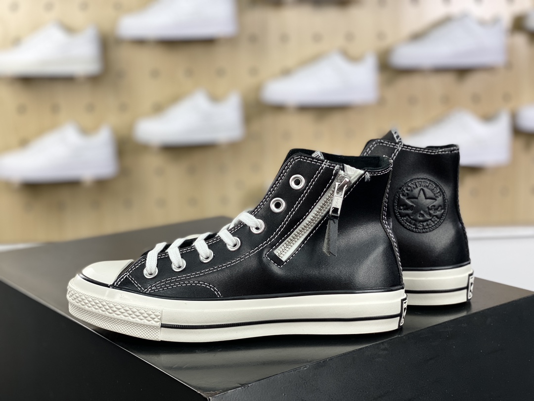 160 匡威Converse Chuck Taylor 1970s Side Zip Hi Leather"Black/Egret"高帮休闲运动硫化板鞋“皮革黑白侧拉链”166721C