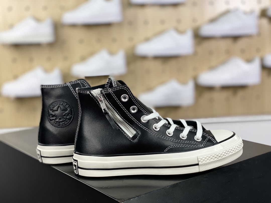 160 匡威Converse Chuck Taylor 1970s Side Zip Hi Leather"Black/Egret"高帮休闲运动硫化板鞋“皮革黑白侧拉链”166721C