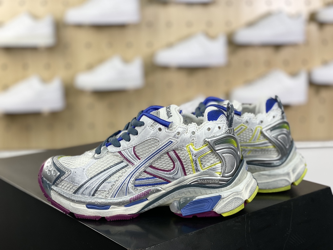 500 巴黎世家BALENCIAGA Runner Sneaker”White/Water Blue”慢跑慢跑鞋“解构破坏白水兰紫涂鸦LOGO”772767 W3RNY0328