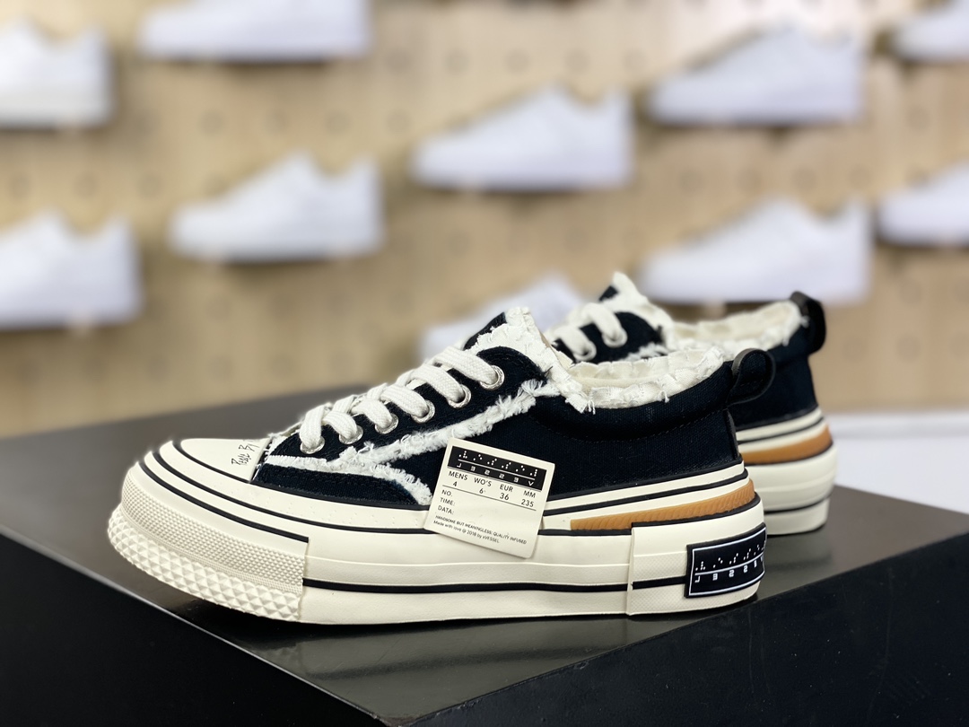 Vessel Tiramisu Lows Tiramisu series deconstructed overlapping thick-soled cork low-top sneakers ”Canvas black and white tassel raw rubber” S23X24B