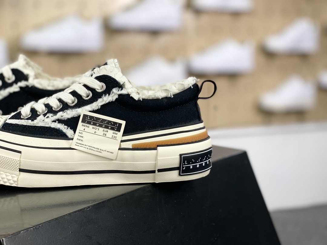 Vessel Tiramisu Lows Tiramisu series deconstructed overlapping thick-soled cork low-top sneakers ”Canvas black and white tassel raw rubber” S23X24B