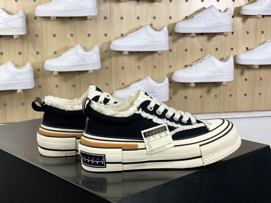 Vessel Tiramisu Lows Tiramisu series deconstructed overlapping thick-soled cork low-top sneakers ”Canvas black and white tassel raw rubber” S23X24B