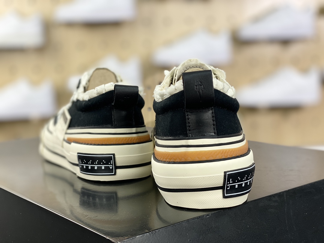 Vessel Tiramisu Lows Tiramisu series deconstructed overlapping thick-soled cork low-top sneakers ”Canvas black and white tassel raw rubber” S23X24B