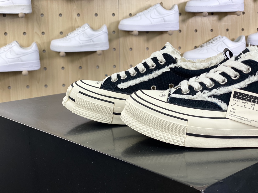 Vessel Tiramisu Lows Tiramisu series deconstructed overlapping thick-soled cork low-top sneakers ”Canvas black and white tassel raw rubber” S23X24B