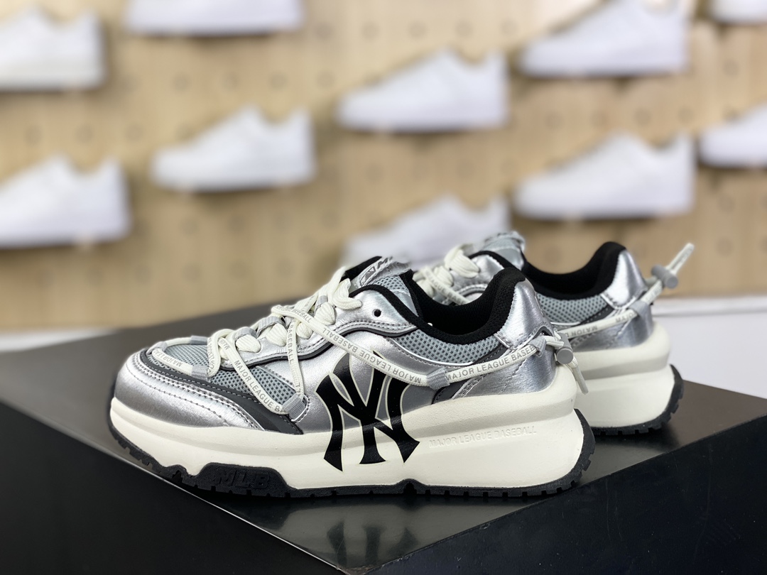 180 New York Yankees x MLB Chunky Runner Liner Lace 慢跑鞋“金属银黑NY字母印花绑绳”3ARNCRL4N-GP001