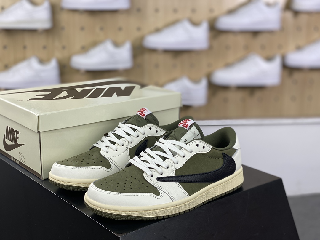 400 Travis Scott x Nike Air Jordan 1 Low OG”Medium Olive”AJ1乔丹一代篮球鞋“TS联名反转橄榄绿白黑倒钩10.0”DM7866-200