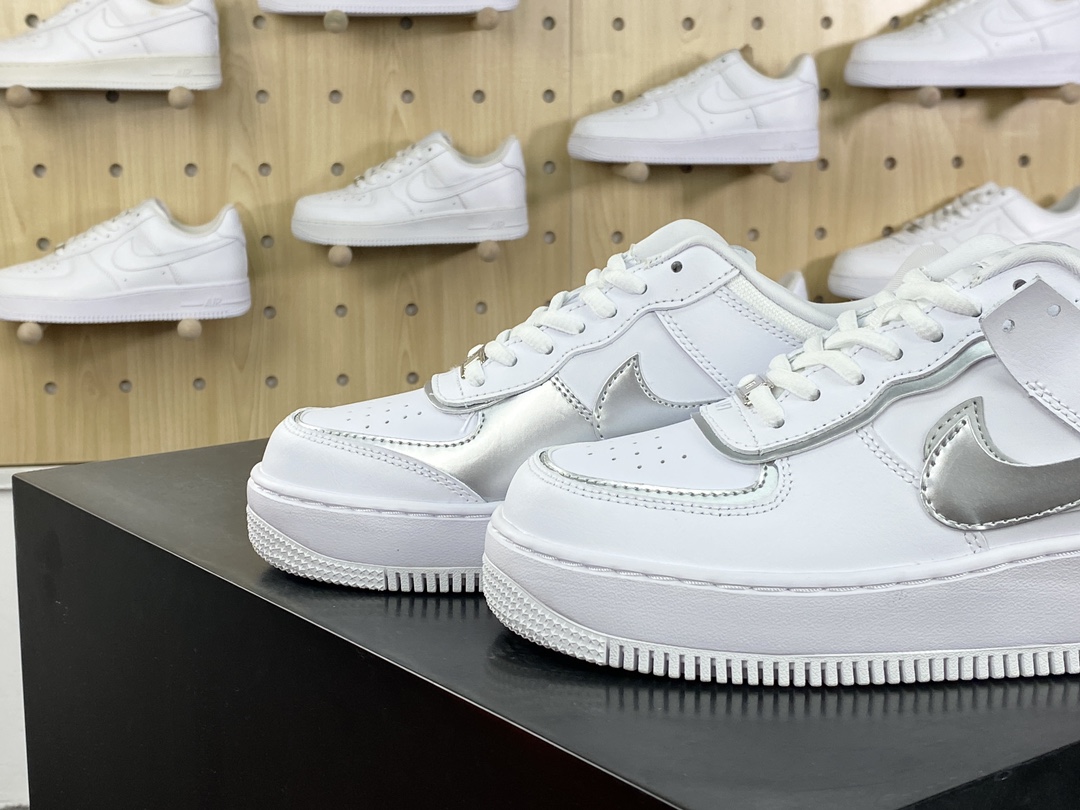 200 耐克Nike WMNS Air Force 1 Shadow”White/Sliver”空军一号板鞋”皮革白银双钩”FH6335-100