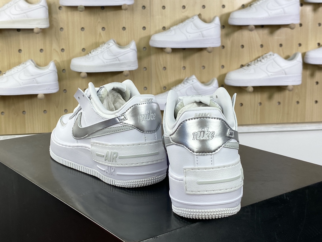 200 耐克Nike WMNS Air Force 1 Shadow”White/Sliver”空军一号板鞋”皮革白银双钩”FH6335-100