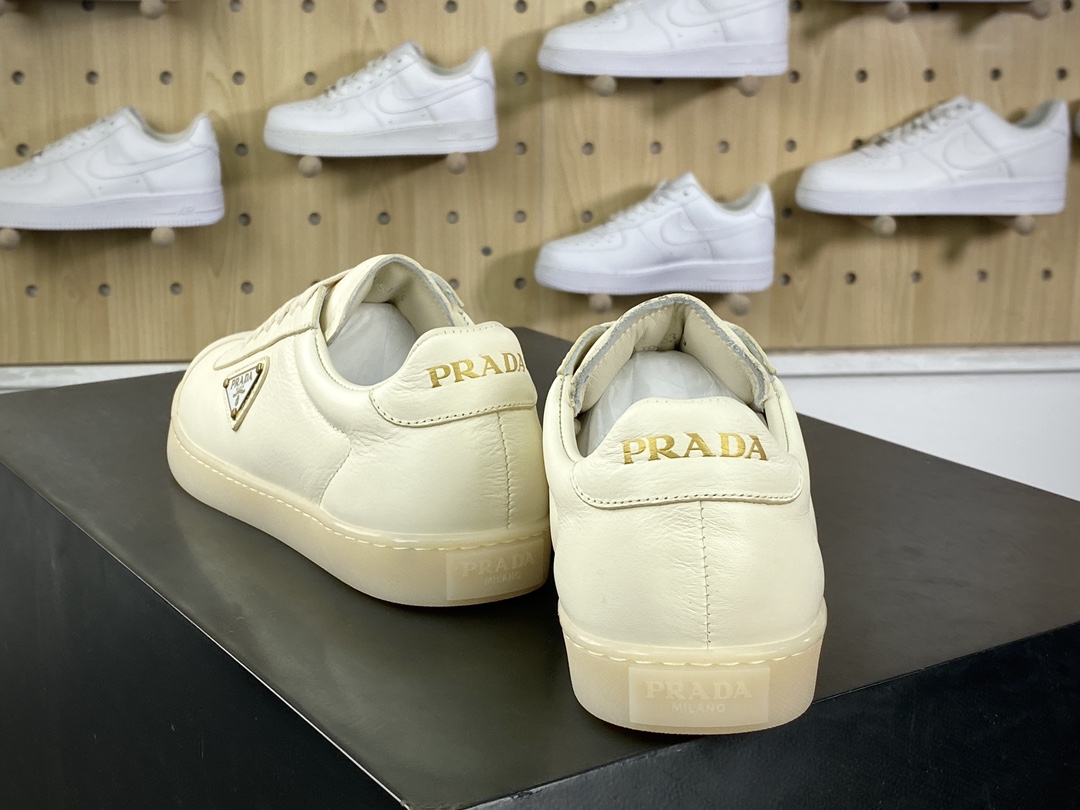 Prada Downtown Low Sneakers Downtown Series Low-top White Sneakers ”Leather Beige Triangle Logo”