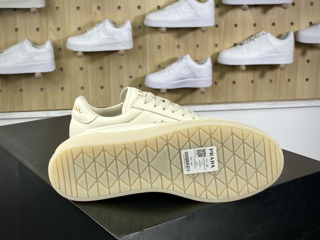 Prada Downtown Low Sneakers Downtown Series Low-top White Sneakers ”Leather Beige Triangle Logo”