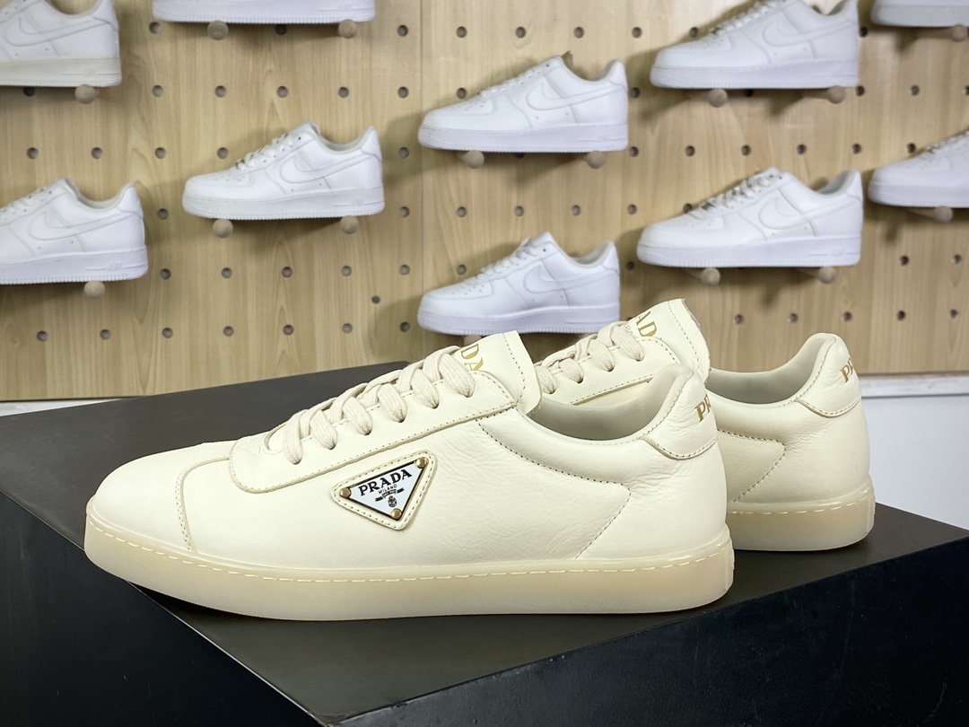 Prada Downtown Low Sneakers Downtown Series Low-top White Sneakers ”Leather Beige Triangle Logo”
