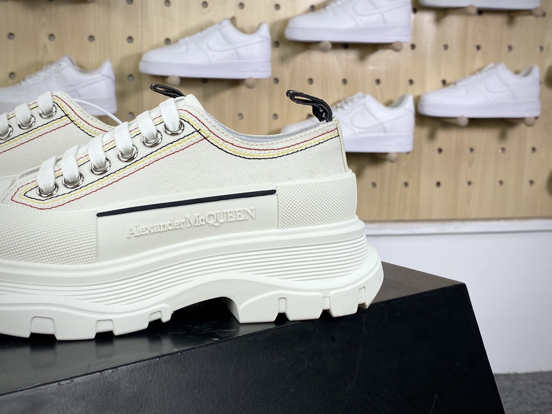 McQueen Alexander McQueen Chunky Tread Slick Low Sneakers ”Canvas White Black Red Yellow Blue Stitching” 633902WHW571025