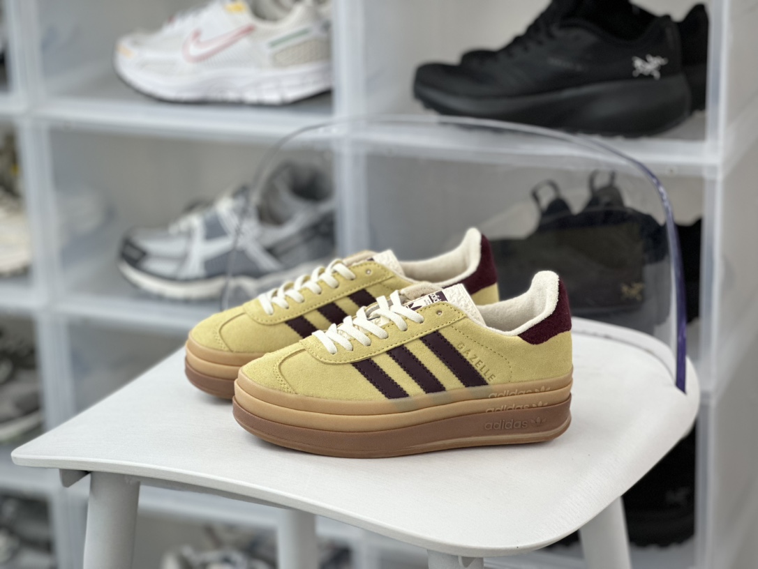 180 阿迪达斯Adidas Originals Gazelle Bold W 羚羊松糕系列板鞋“翻毛姜黄深褐生胶底”IF5937