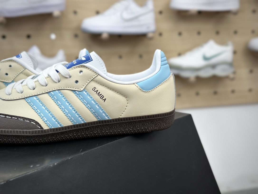 240 Adidas Originals Samba OG桑巴舞系列绅士德训板鞋“皮革米黄棕蓝”IG1024