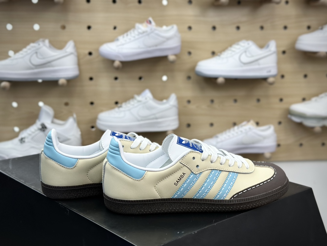 240 Adidas Originals Samba OG桑巴舞系列绅士德训板鞋“皮革米黄棕蓝”IG1024