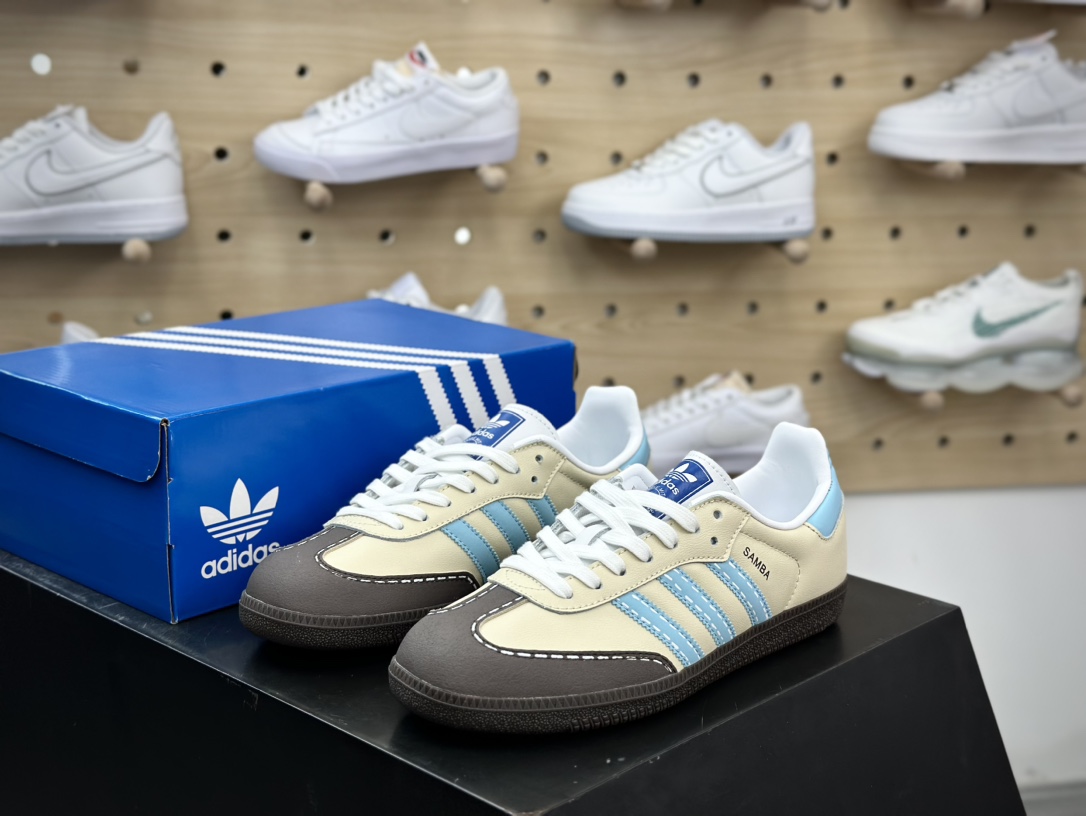 240 Adidas Originals Samba OG桑巴舞系列绅士德训板鞋“皮革米黄棕蓝”IG1024