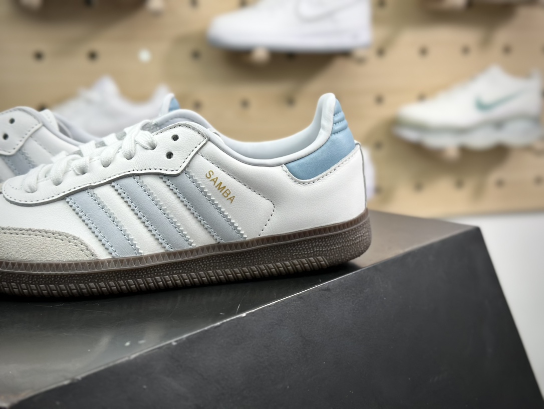 Adidas Originals Samba Vegan OG桑巴舞系列运动板鞋“皮革白灰浅蓝生胶底”ID2055