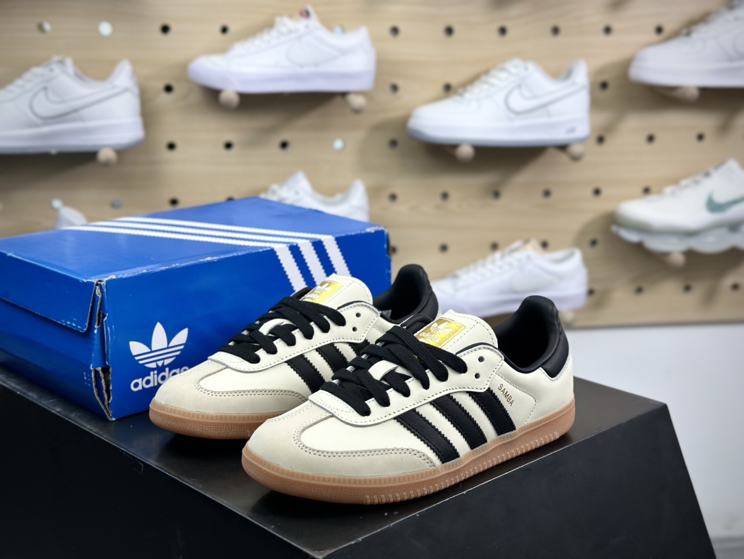 阿迪达斯/三叶草Adidas Originals Samba OG桑巴舞系列绅士运动板鞋“皮革奶白黑生胶底”ID0478