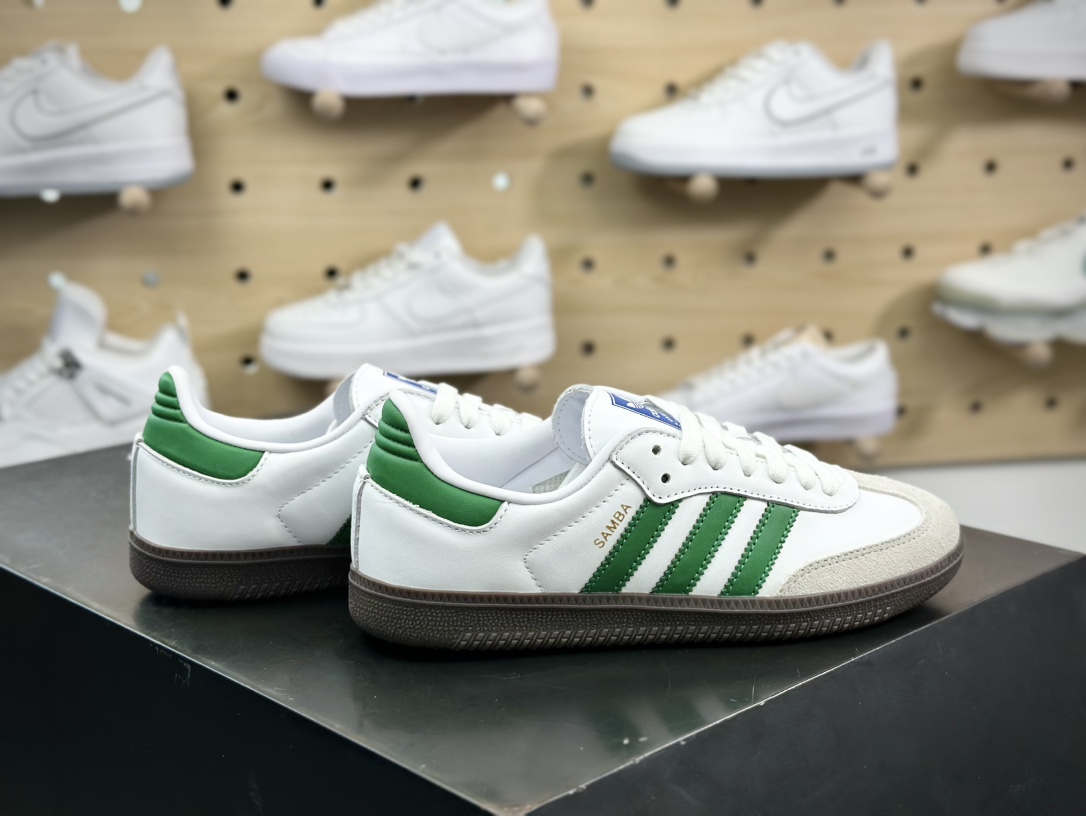 三叶草Adidas Originals Samba OG桑巴舞系列绅士德训板鞋“皮革白浅灰深绿”IG1024