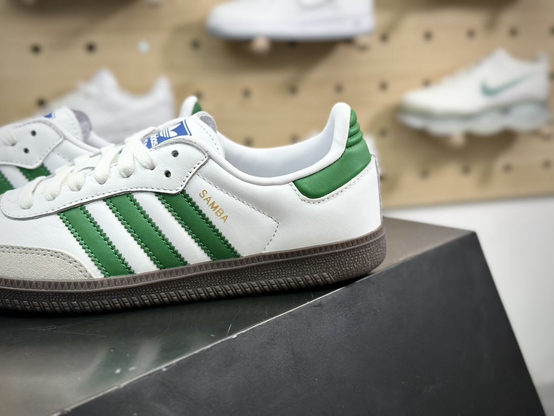 三叶草Adidas Originals Samba OG桑巴舞系列绅士德训板鞋“皮革白浅灰深绿”IG1024