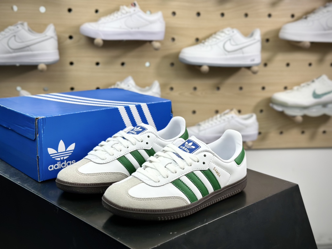 三叶草Adidas Originals Samba OG桑巴舞系列绅士德训板鞋“皮革白浅灰深绿”IG1024