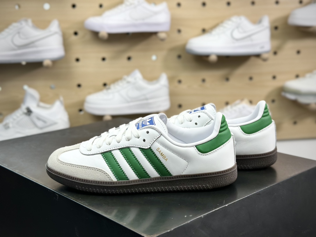 三叶草Adidas Originals Samba OG桑巴舞系列绅士德训板鞋“皮革白浅灰深绿”IG1024