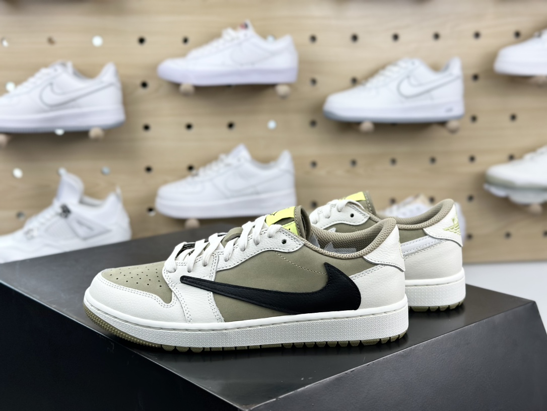 Travis Scott x Nike Air Jordan 1 Low Golf SP”Neutral Oliv”AJ1乔丹一代运动鞋“TS联名白摩卡绿黑倒钩6.0”FZ3124-200