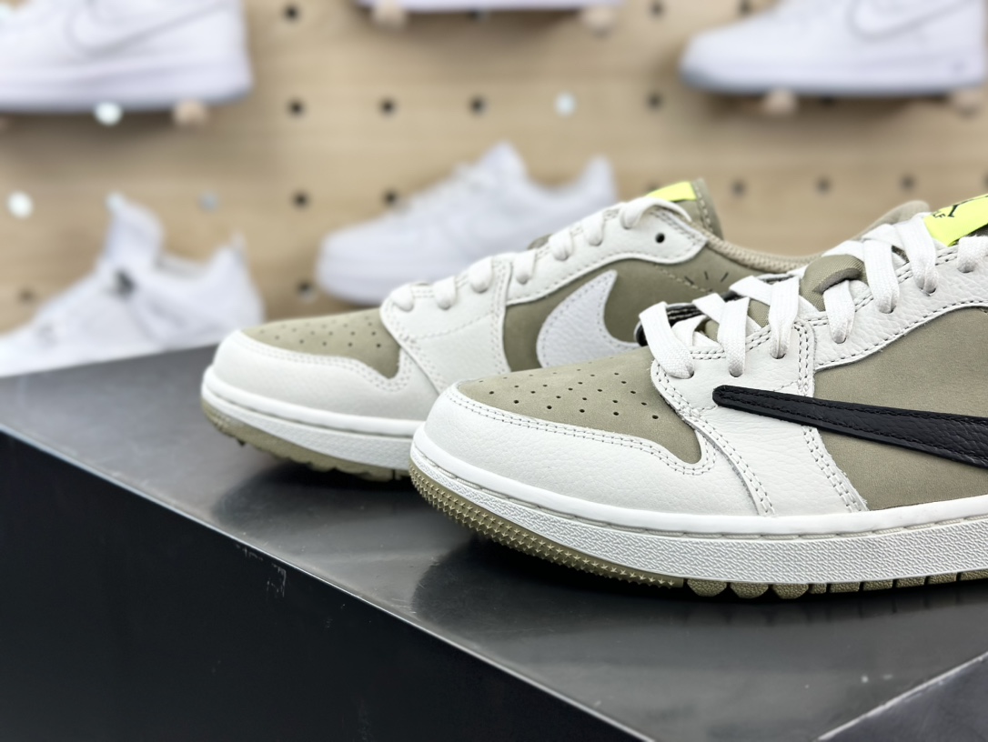 Travis Scott x Nike Air Jordan 1 Low Golf SP”Neutral Oliv”AJ1乔丹一代运动鞋“TS联名白摩卡绿黑倒钩6.0”FZ3124-200