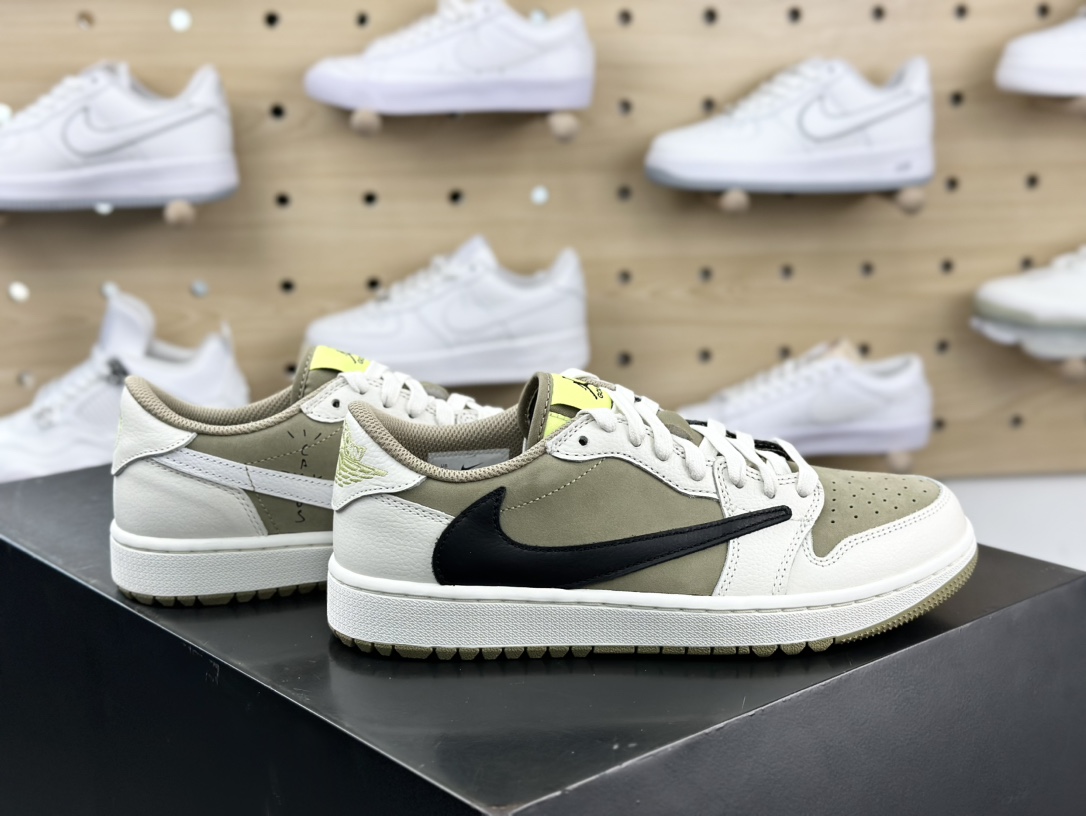 Travis Scott x Nike Air Jordan 1 Low Golf SP”Neutral Oliv”AJ1乔丹一代运动鞋“TS联名白摩卡绿黑倒钩6.0”FZ3124-200