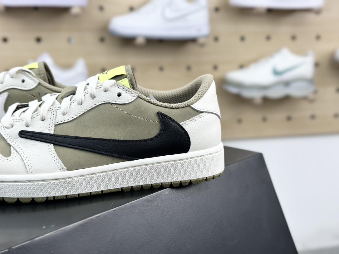 Travis Scott x Nike Air Jordan 1 Low Golf SP”Neutral Oliv”AJ1乔丹一代运动鞋“TS联名白摩卡绿黑倒钩6.0”FZ3124-200