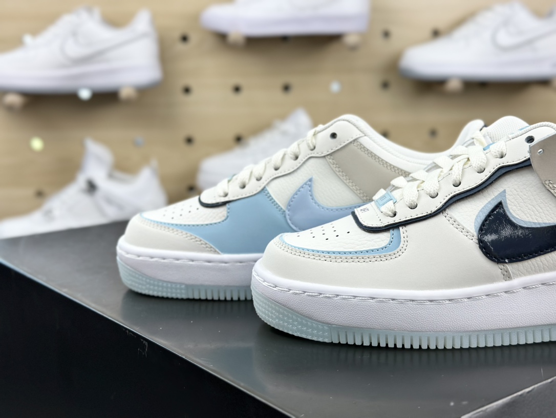 耐克Nike WMNS Air Force 1 Shadow”Glacier Blue”空军一号百搭板鞋”皮革米白冰川蓝黑双钩”DZ1847-107