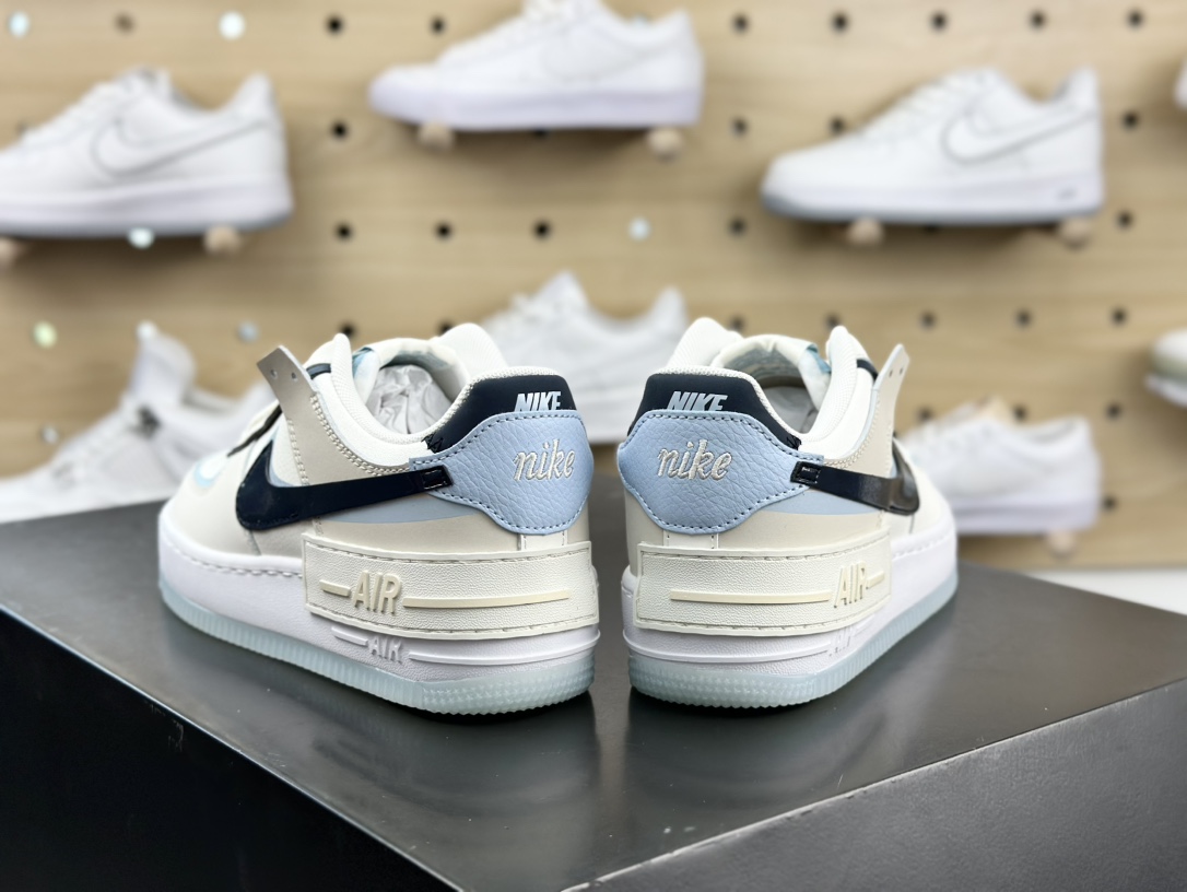 耐克Nike WMNS Air Force 1 Shadow”Glacier Blue”空军一号百搭板鞋”皮革米白冰川蓝黑双钩”DZ1847-107