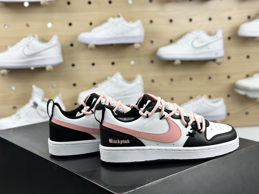 耐克Nike Court Borough Low Recraft 2”Black/Rose/Pink”学院板鞋“黑粉白玫瑰粉绑绳”BQ5448-110